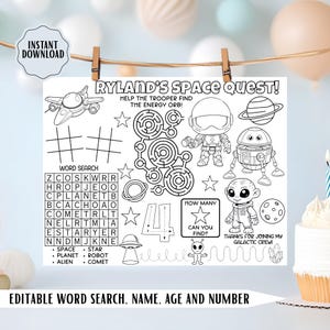 May include: Black and white printable space-themed activity sheet. Features a maze, word search, and illustrations of planets, astronauts, and robots. Includes the text "Ryland's Space Quest!" and "Editable Word Search, Name, Age and Number."