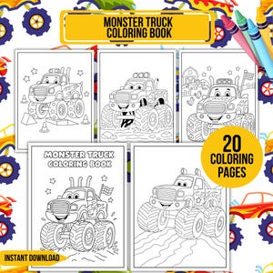 Monster Truck Coloring Book for Kids: 20 Printable Pages | Boys Birthday Activity, Car Truck Coloring Sheets (Instant Download)