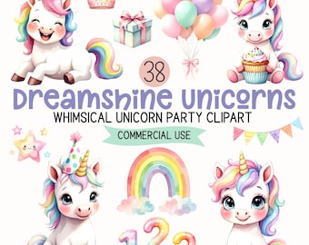 Clipartset eenhoornfeest – grillige regenboog verjaardagsafbeeldingen, pastelkleurige eenhoorns, ballonnen, kronen, commercieel gebruik