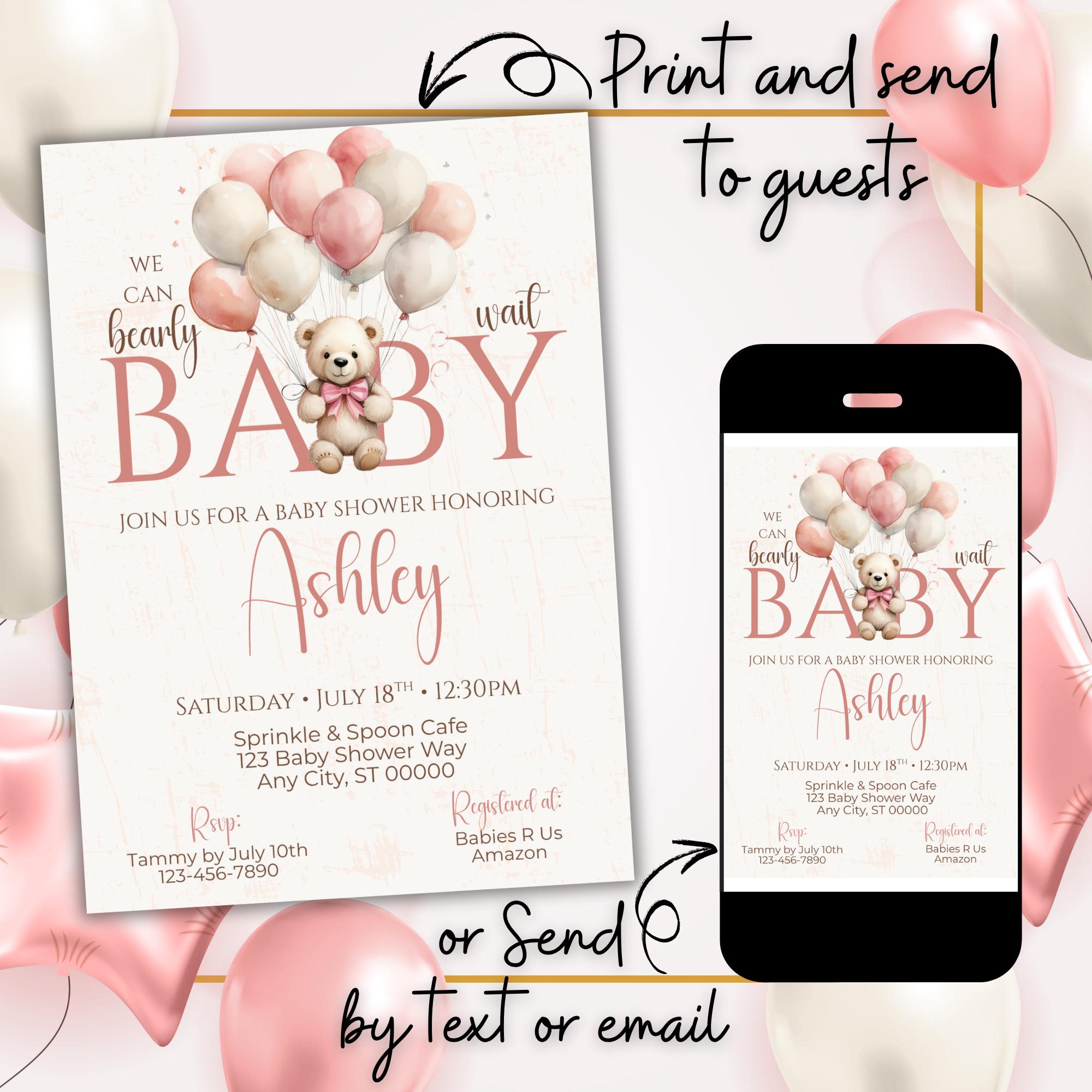 Pink Balloon Teddy Bear Baby Shower Invitation | Editable Girl Invite ...