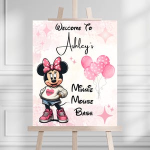 Letrero de bienvenida para fiesta de cumpleaños de Minnie Mouse, decoración para fiesta de Minnie Mouse, póster de bienvenida para fiesta de niñas de Minnie, letrero de entrada para fiesta PLANTILLA EDITABLE