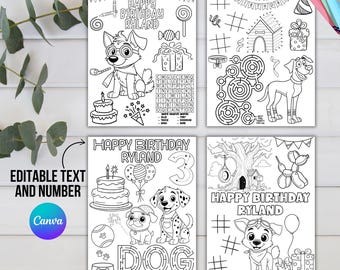 Dog Birthday Coloring Pages for Kids, Editable Puppy Party Printable Activity Sheets
