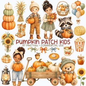 Könnte beinhalten: Eine Sammlung herbstlicher Illustrationen mit Kindern, einem Waschbären und einem Teddybären, Kürbissen, Sonnenblumen, einem Bollerwagen, einer Laterne und Popcorn. Der Text lautet PUMPKIN PATCH KIDS 97 PNG FILES COMMERCIAL USE.