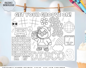 Groovy Disco verjaardag activiteit placemat, retro kleurplaat afdrukbaar, kinderfeest tafelspel, bewerkbare sjabloon