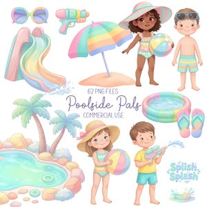 May include: Watercolor illustration featuring children at a pool. The image includes a water slide, beach umbrella, pool, water guns, and beach balls. The text "Poolside Pals" and "Commercial Use" are also visible.