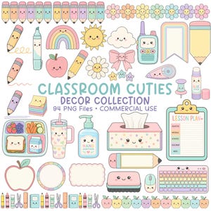 Schoolclipartbundel, klasdecoratie, prikbordafbeeldingen, clipart voor leerkrachten (PNG), schattige schoolspullen, commercieel gebruik