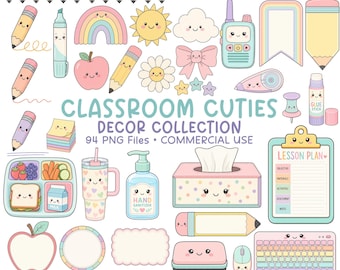 School Clipart Bundle, Classroom Decor, Bulletin Board Graphics, Teacher Clip Art PNG, Kawaii School Supplies, Commercial Use