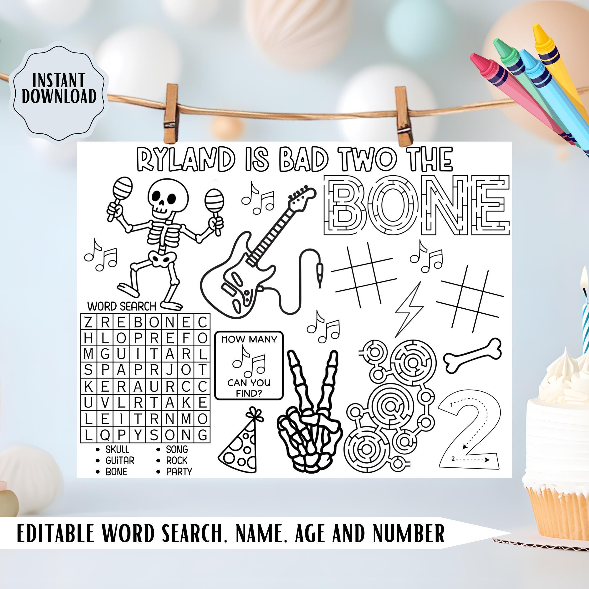 Bad Two The Bone Birthday Placemat, Editable Rock Star Party…