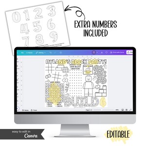 Building Blocks Birthday Activity Placemat – Builder Party Coloring Mat, Block Party Printable, Editable Template image 6