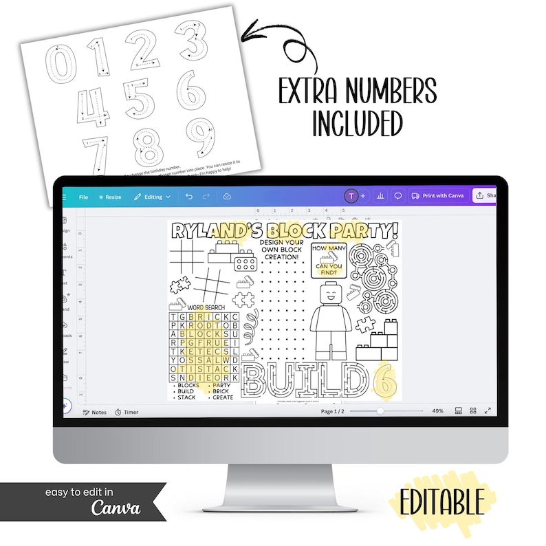 Building Blocks Birthday Activity Placemat – Builder Party Coloring Mat, Block Party Printable, Editable Template image 6