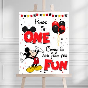 Bewerkbare Mickey Mouse 1e verjaardag welkomstbord poster, Mickey cartoon decor, klassiek Mickey-feestthema, jongen verjaardag MM1 INSTANT DOWNLOAD