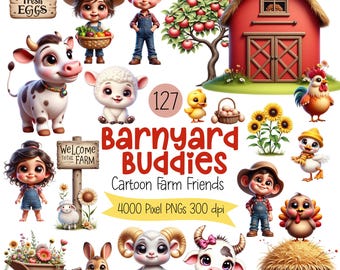 Farm Animal Clipart – Barnyard Kids & Tractor PNGs, Barn Country Graphics, Farmhouse Commercial Use Download