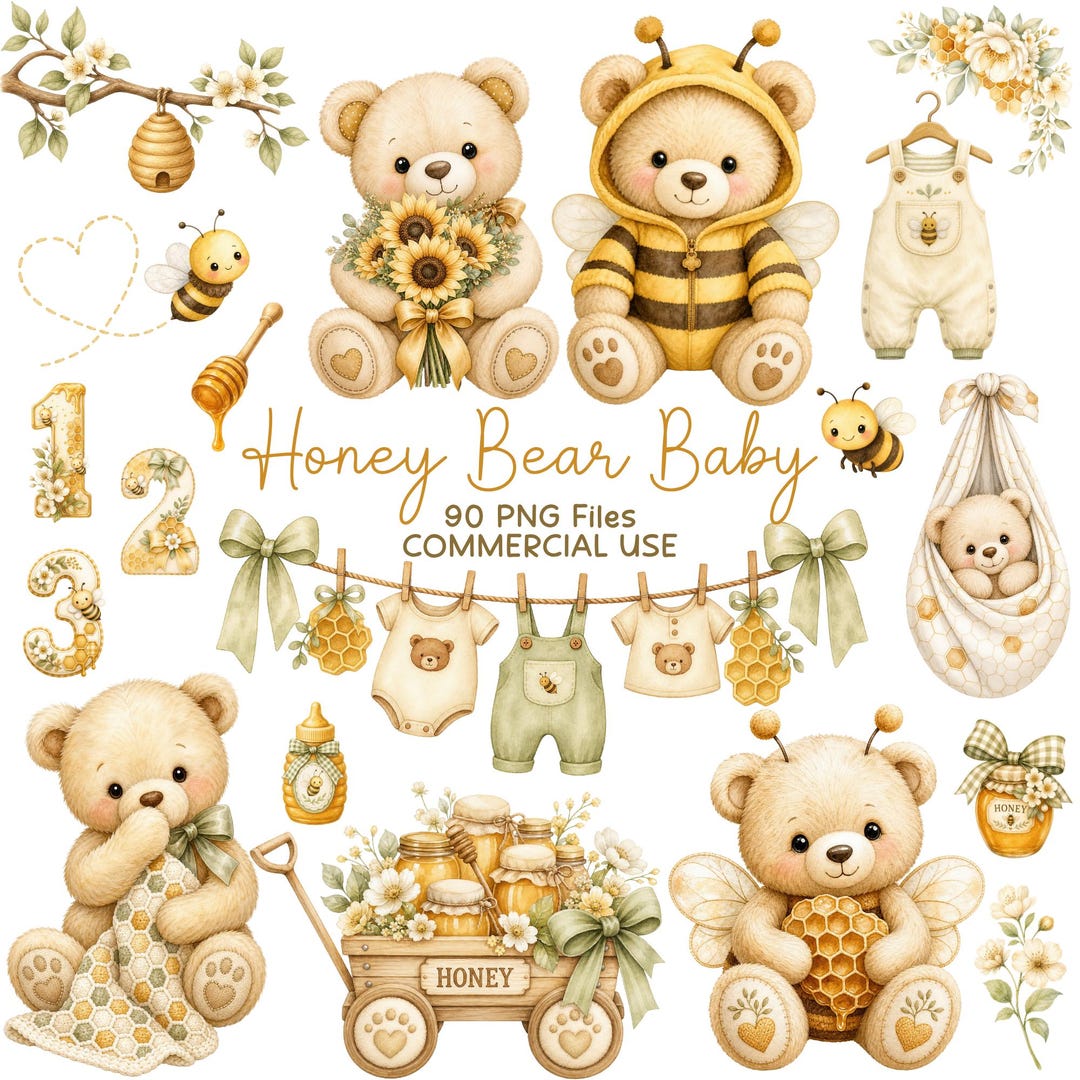 Honey Bear Baby Clipart Bundle, Bee Baby Shower PNG, Sweet as Can Bee ...