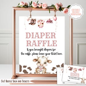 Letrero y boletos para la rifa de pañales de vaquera / Juego imprimible para baby shower de rodeo, inserto para fiesta del oeste, decoraciones editables para baby shower de niña CG10