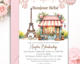 Invitación al baby shower de París, plantilla editable Bonjour Bébé French Cafe Shower