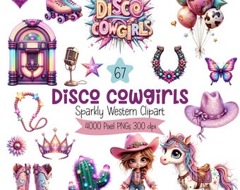 Paquete de imágenes prediseñadas de vaquera disco, PNG brillantes de fiesta del oeste, gráficos retro de vaquera Y2K, uso comercial