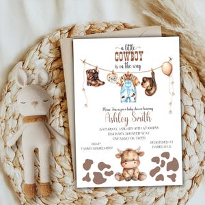 Invito per baby shower da cowboy, invito per baby cowboy da rodeo, selvaggio West, un piccolo cowboy è in arrivo, cowboy occidentale, cg01 modificabile download immediato