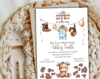 May include: A white baby shower invitation with brown text. The invitation says "a little cowboy is on the way". There are illustrations of cowboy boots, a baby outfit, a cowboy hat, and a brown and white cow.