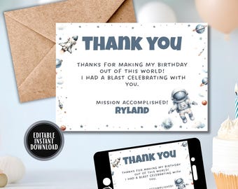 Weltraum Dankeskarte | Printable Galaxy Geburtstag Danke | Bearbeitbares Rocket Astronaut Party Favor | Kinder Instant Download Note Card