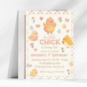 May include: A light cream-colored birthday invitation with a border of small pink hearts. The invitation features illustrations of chicks, flowers, butterflies, and bees. Text reads "Our little CHICK is turning One!" and details for the party.