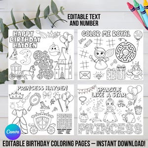 Editable Princess Birthday Coloring Pages, Princess Birthday Party Activity Sheets, Girl Party Favor, Princess Theme Decor, Instant Download