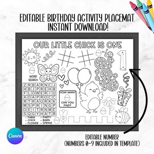 May include: Black and white printable birthday activity placemat with the text "OUR LITTLE CHICK IS ONE". Includes a word search, tic-tac-toe, maze, and other fun activities. Instant download.