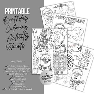 May include: Four black and white printable coloring pages featuring a Minion character. The pages include a maze, a word search, a number tracing activity, and a birthday scene with a cake and a guitar.