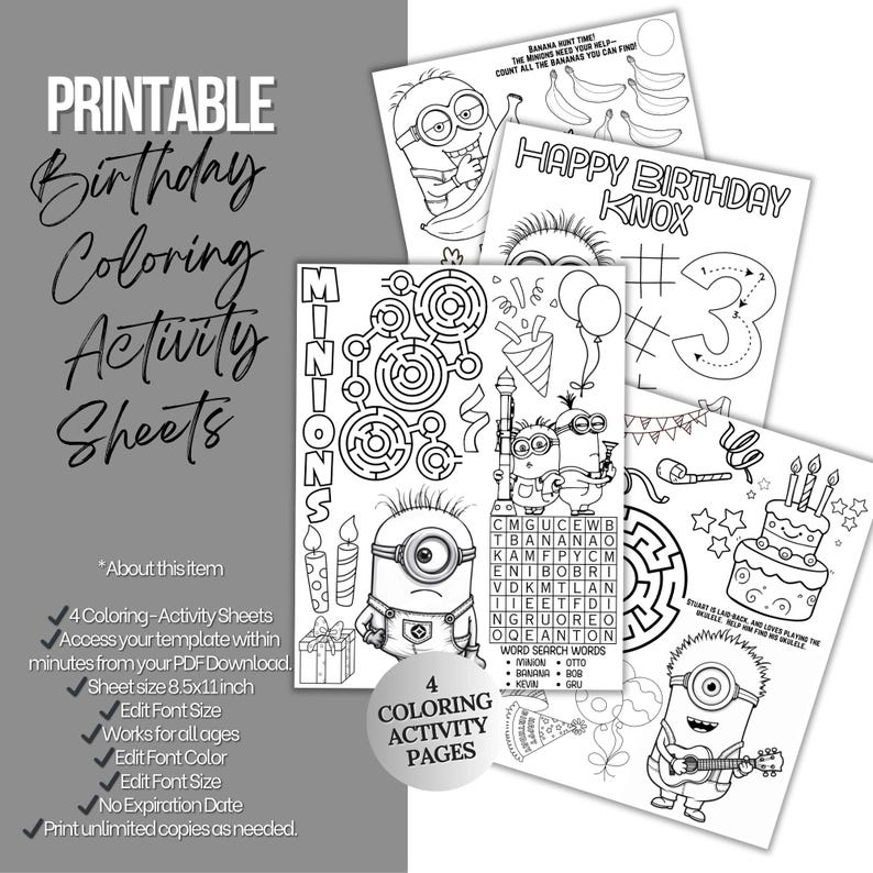 May include: Four black and white printable coloring pages featuring a Minion character. The pages include a maze, a word search, a number tracing activity, and a birthday scene with a cake and a guitar.