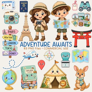 Puede incluir: Una colección de ilustraciones digitales con temática de viajes que incluye dos exploradores, la Torre Eiffel, un globo terráqueo, una tienda de campaña, un canguro, una cámara, un mapa y varios letreros con el texto ADVENTURE AWAITS 83 PNG FILES COMMERCIAL USE.