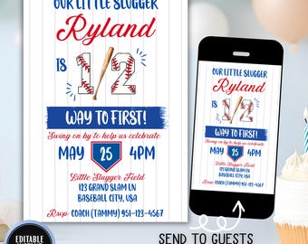 Half Birthday Baseball Invitation, Boy Baseball 1/2 Birthday Invite, 6 Month Baby Boy Birthday Invitation, Half Way to One Editable Download