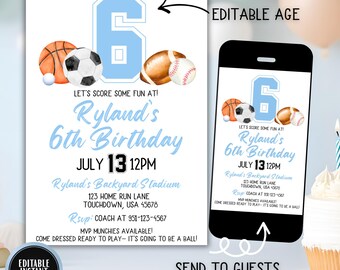 Sports Birthday Invitation Boy, All Star Game Day Invite, Editable Kids Multi Sport Birthday Party Card