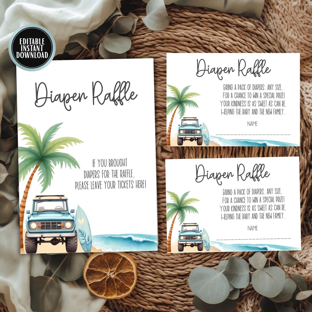 Seaside Raffle Tropical Beach Baby Shower Diaper Raffle | Editable Sign & Tickets ...