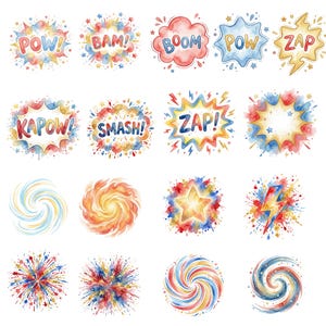 May include: Watercolor illustrations of comic book sound effects and abstract shapes. The sound effects include "POW!", "BAM!", "BOOM", "ZAP!", "KAPOW!", and "SMASH!" in vibrant colors. Other shapes include stars, lightning bolts, and swirls.