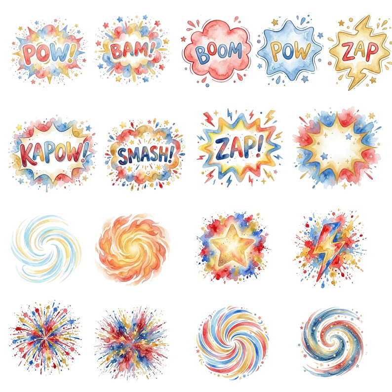 May include: Watercolor illustrations of comic book sound effects and abstract shapes. The sound effects include "POW!", "BAM!", "BOOM", "ZAP!", "KAPOW!", and "SMASH!" in vibrant colors. Other shapes include stars, lightning bolts, and swirls.