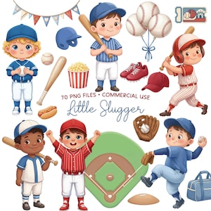 Può includere: Un'illustrazione digitale a tema baseball. L'immagine include bambini dei cartoni animati in uniforme da baseball, palloni, mazze, guanti, un campo da baseball, popcorn e altri accessori. È presente anche il testo "Little Slugger".