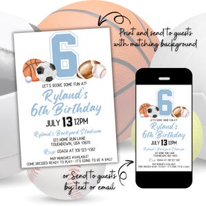 Boys Sports Birthday Invitation Template, Editable Sports Party Invite, Basketball Football Baseball Soccer Theme, Digital Instant Download