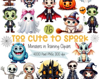 Paquete de imágenes prediseñadas de Halloween kawaii, con fantasmas, murciélagos, brujas, calabazas, vampiros y zombis. Imágenes prediseñadas digitales comerciales de Halloween.