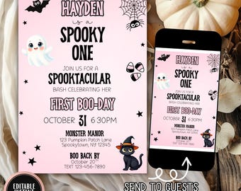 Faire-part premier anniversaire fantasmagorique, invitation à une fête d'anniversaire imprimable pour le 1er anniversaire fille Halloween, thème fantôme boo day Evite, modèle rose modifiable