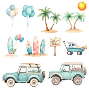 May include: Watercolor illustration featuring beach-themed elements. Includes surfboards, palm trees, balloons, a wagon, and two vintage-style SUVs. A wooden sign reads "Surf's Up Baby." The color palette is primarily pastel blues, pinks, and yellows, evoking a summer vibe.