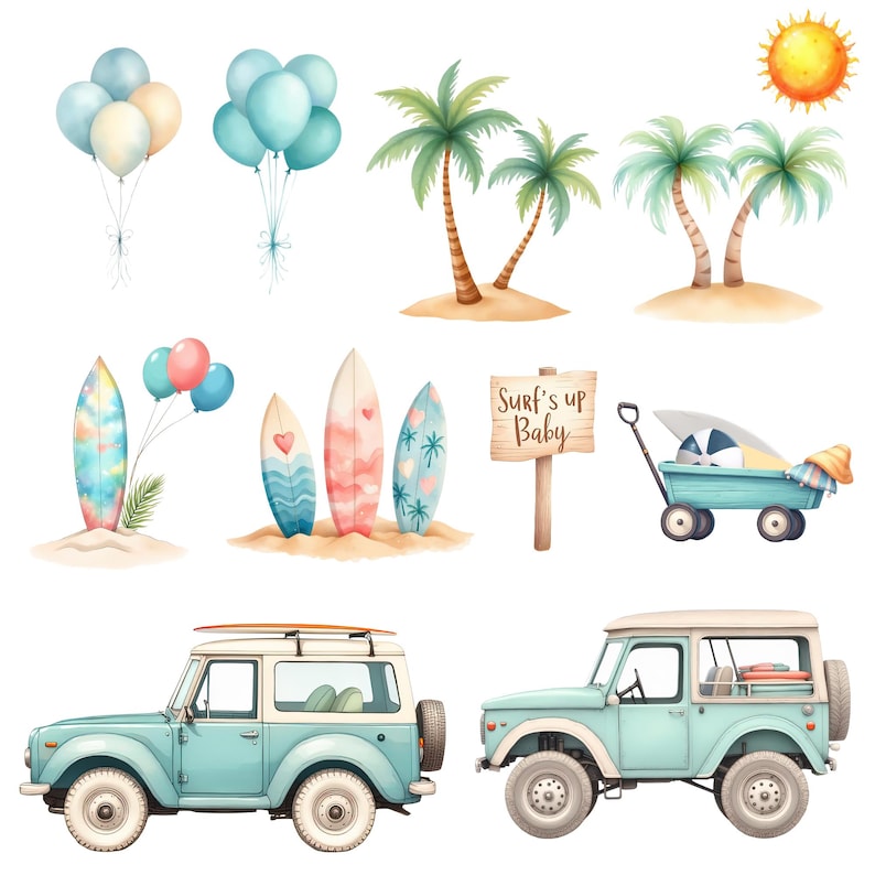 May include: Watercolor illustration featuring beach-themed elements. Includes surfboards, palm trees, balloons, a wagon, and two vintage-style SUVs. A wooden sign reads "Surf's Up Baby." The color palette is primarily pastel blues, pinks, and yellows, evoking a summer vibe.
