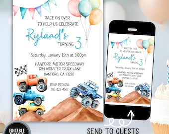 Monster Truck Birthday Invitation | Editable Boy Party Invite Template, Printable Truck Theme Digital Download