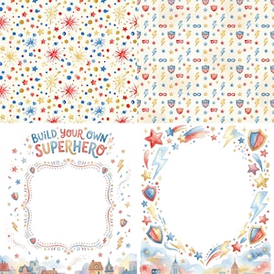 May include: Watercolor illustrations featuring superhero-themed designs. The image includes patterns with stars, dots, and lightning bolts in red, blue, and gold. There are also frames with stars, shields, and the text "Build Your Own Superhero."