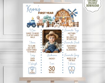 Farm First Birthday Milestone Board, Barnyard Keepsake Poster, Editable Farm Birthday Sign, 1st Year Stats