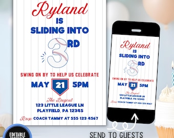 Baseball 3rd Birthday Invitation | Little Slugger Sliding Into Third Party Invite, Editable Sports Theme Birthday Printable Download