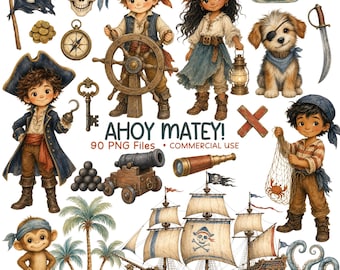 Pirate Clipart, Kids & Pirate Ship PNG, Treasure Map, Nautical Birthday Party Graphics, Commercial Use