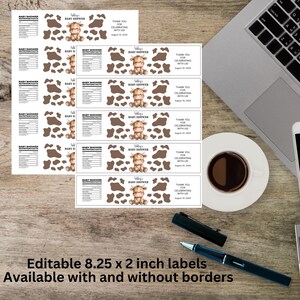 May include: Sheets of baby shower labels with a cow theme. Each label features a cartoon cow, brown cow spots, and text that reads "Baby Shower" and "Thank you for celebrating with us." The labels are 21 x 5 cm.