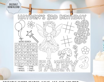 Editable Fairy Birthday Activity Sheet: Coloring Placemat, Printable Party Favor (Digital Download)