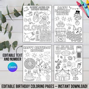 Páginas para colorear de cumpleaños de circo / Hojas de actividades editables para niños para fiestas de carnaval / Juegos de fiesta imprimibles / Diversión para colorear con descarga instantánea