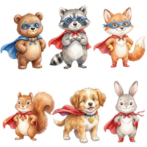 May include: Watercolor illustration of six superhero animals: a bear, raccoon, fox, squirrel, dog, and rabbit. Each animal wears a cape and mask, with vibrant colors and friendly expressions. The bear has a blue cape, the raccoon a red one.