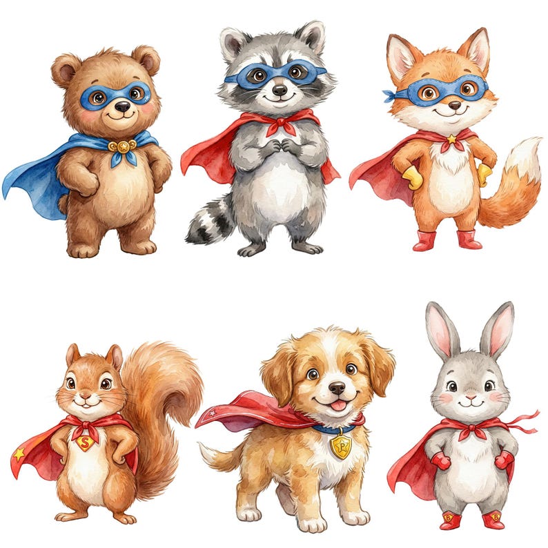 May include: Watercolor illustration of six superhero animals: a bear, raccoon, fox, squirrel, dog, and rabbit. Each animal wears a cape and mask, with vibrant colors and friendly expressions. The bear has a blue cape, the raccoon a red one.